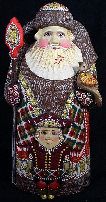 RUSSIAN WOODEN HAND CARVED/PAINTED SANTA # 0816 with NUTCRACKER  