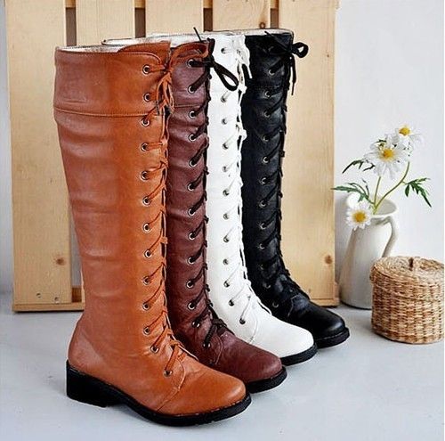 New Womens fashion lace up low heel knee high boots shoes #10  