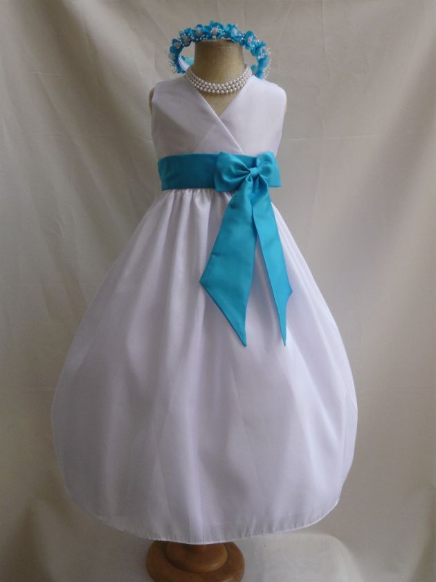 WHITE TURQUOISE WEDDING PARTY FLOWER GIRL DRESS 1   14  