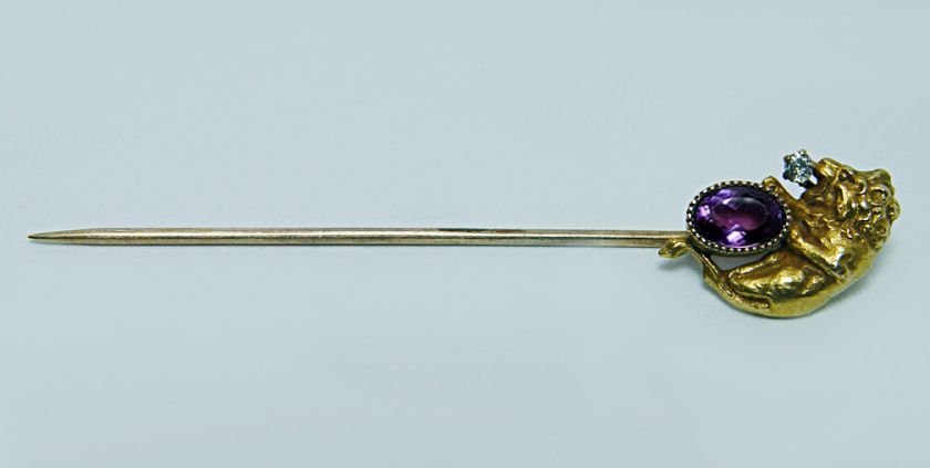 Art Nouveau Lion Leo Old European Diamond Amethyst Stick Pin 14K Gold 