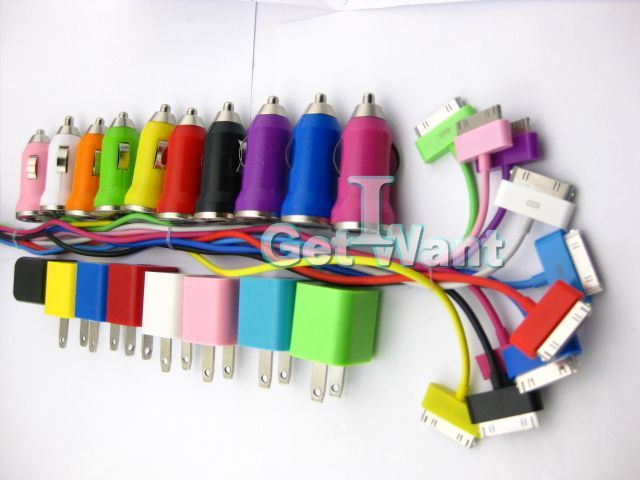 Colorful Car Wall Charger USB Cable iPhone 4s 4 3Gs 3G iPod iTouch 