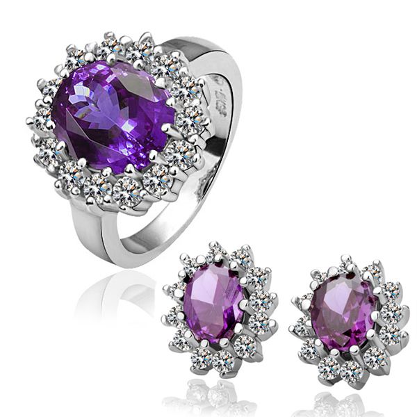 ST34 18K white Gold plated purple gem Swarovski crystal ring earrings 