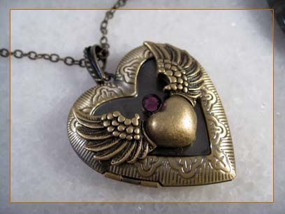 Angel Wing Heart Amethyst Brass Locket Pendant Necklace  